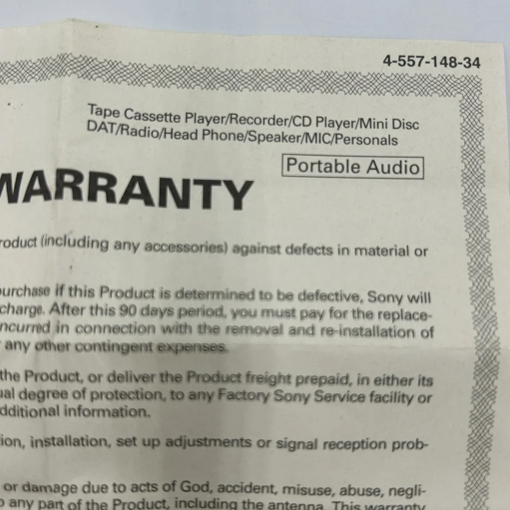 Sony Limited Warranty Certificate for Portable‎ Audio Devices 4-557-148-34